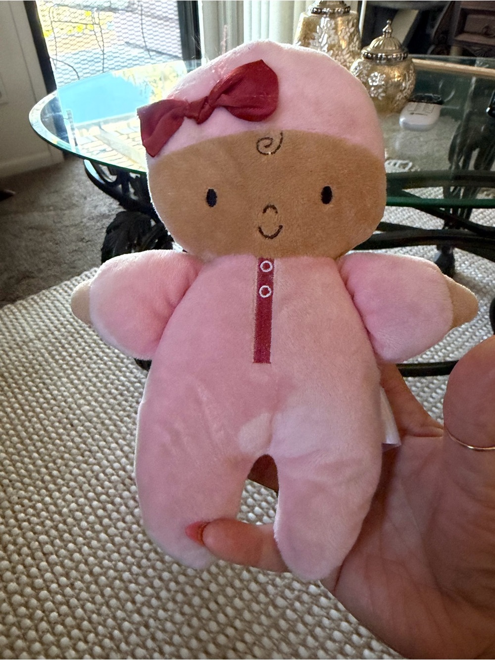 Carter's Pink Plush Baby Doll with Burgundy Bow